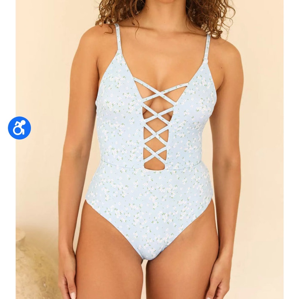 Dippin Daisys light blue one piece swim suit with flowers Size 3X NWT